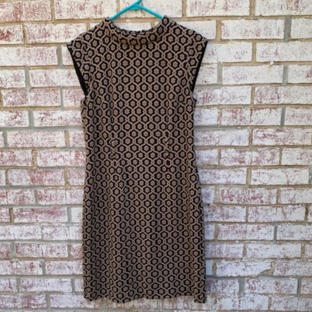 Nine West Jacquard Geometric Dress Sheath Black Tan Mandarin Size 10